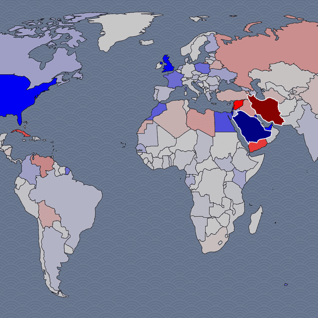 An image of the map with Saudi Arabia (blue) and Iran (red) selected, display most of Europe as neutral but the UK shaded blue and Russia shaded red.