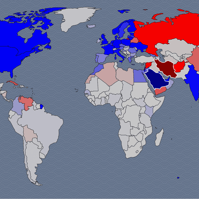 An image of the map with Saudi Arabia (blue) and Iran (red), with war mode turned on, showing most of Europe now shaded blue.